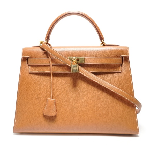 HERMES Handbags - Hermes Kelly 32 2020, Y stamp, gold courchevel leather handbag, brown.